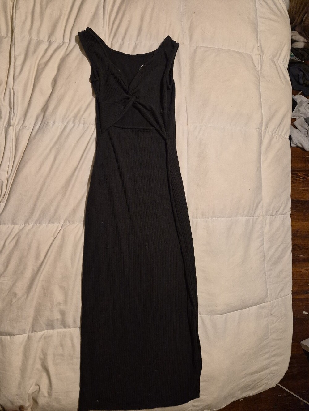 Womens Black Ribbed Twist-Front Midi Dress